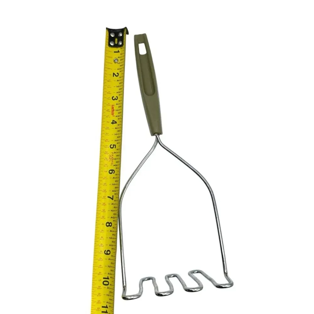 Vintage MCM Stainless Steel Potato Masher with Avocado Green Handle 60's 70's